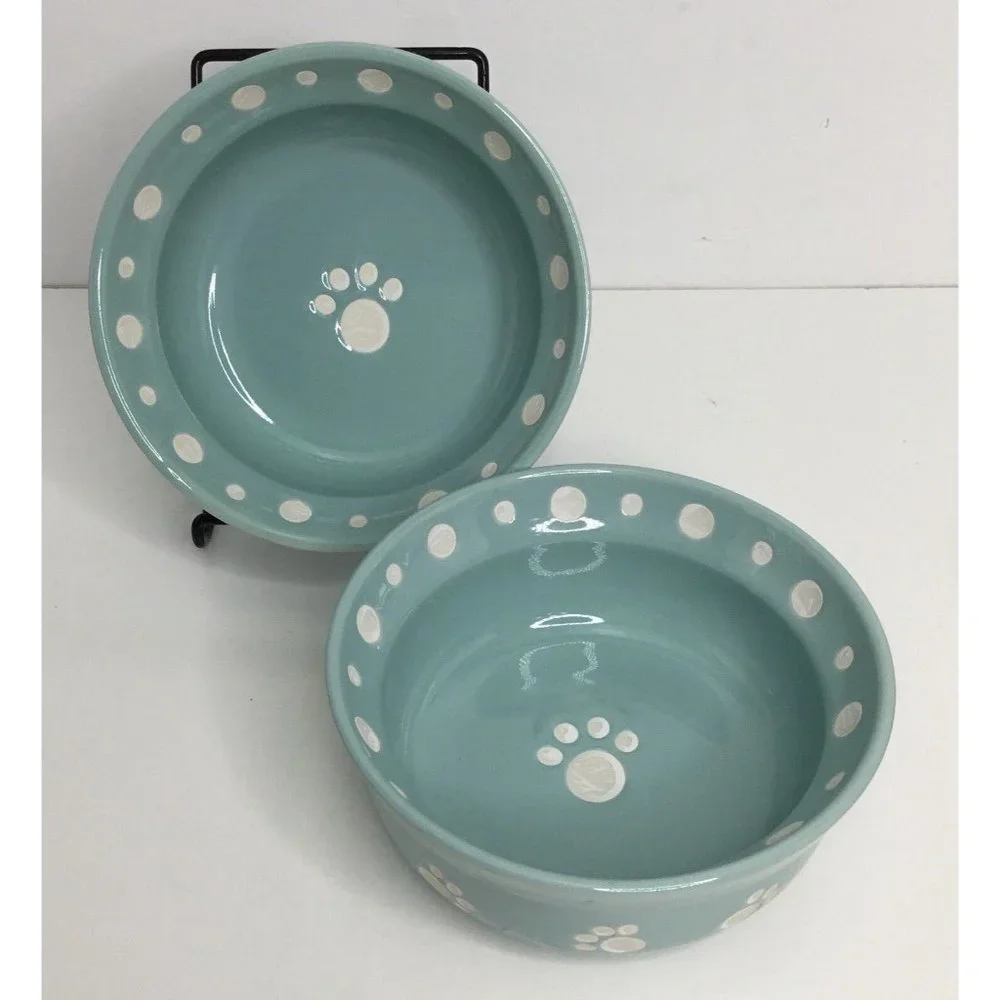 2 Pet Bowls Signature Paws 6” White-Aqua Bowl New